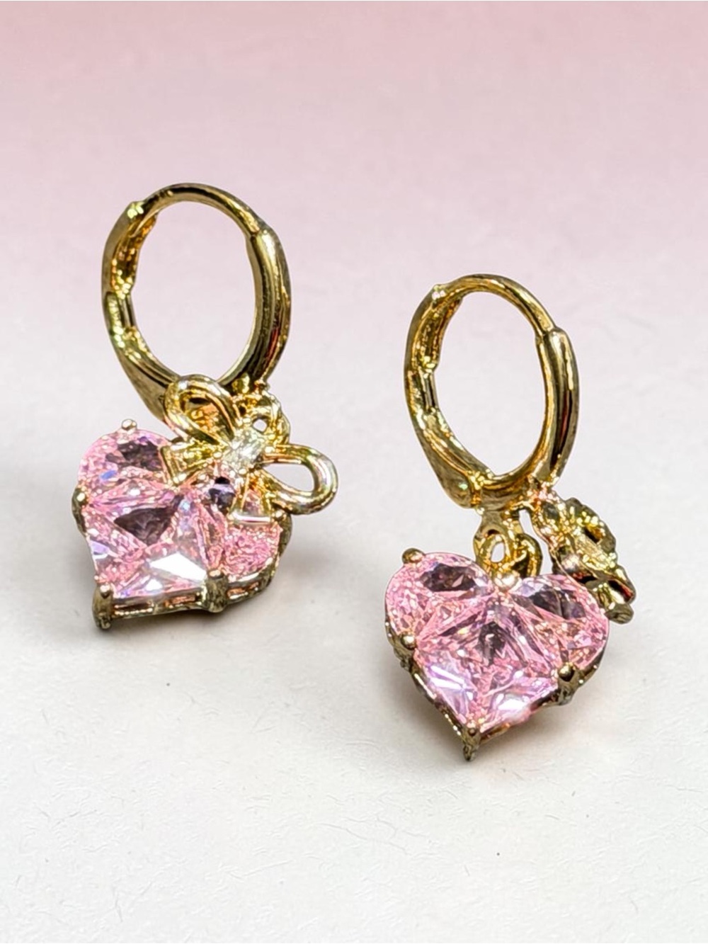 14k Plated Gold Hoop Earrings with Pink Heart Cubic Zirconia Dangles